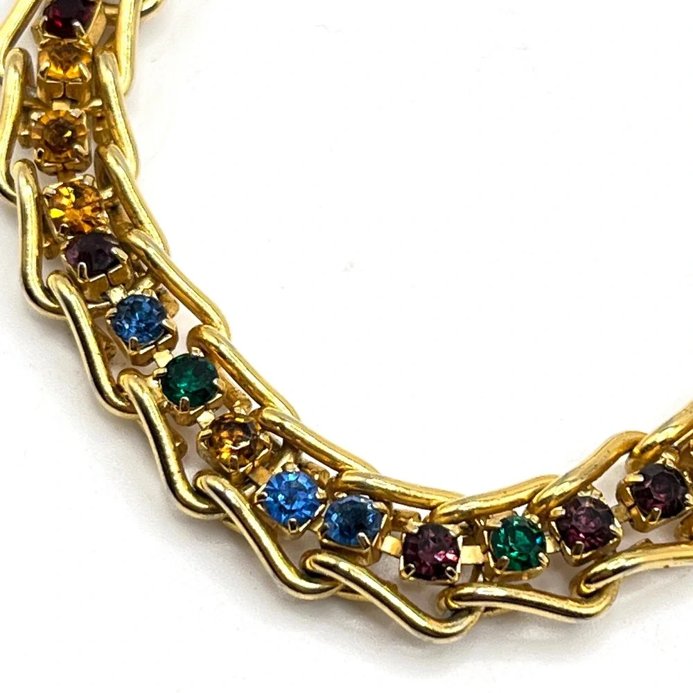 Vintage Rainbow Crystal Rhinestone Multicolor Gold Tone Chain Link Bracelet 6.5